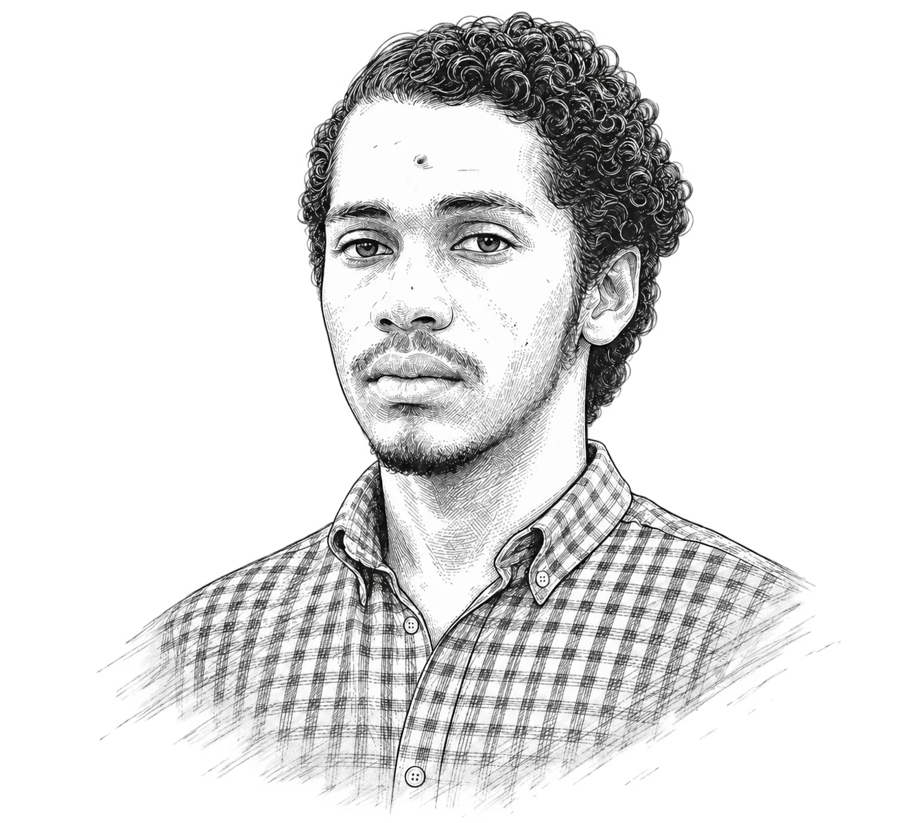 Pencil-and-ink portrait illustration of Rohit Gulam